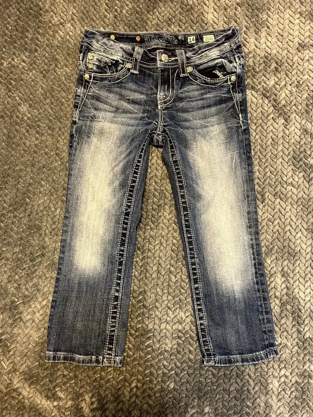 Miss Me Cropped Jeans Girls 14 Blue Denim Rhinestone Embellished Straight Leg